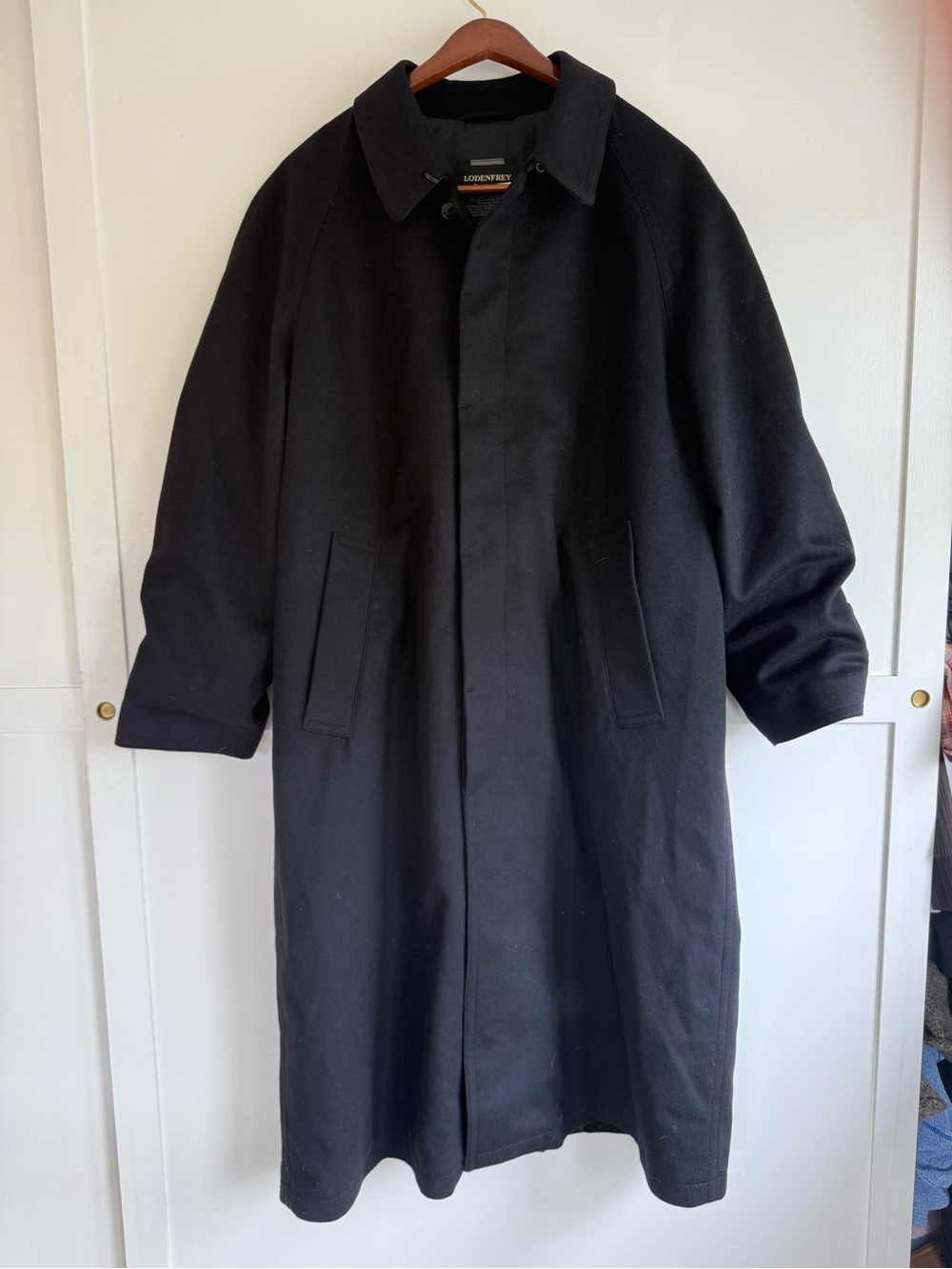 Vintage Lodenfrey Munich Black Long Overcoat Plaid Lined Wool Trench Coat Mens L